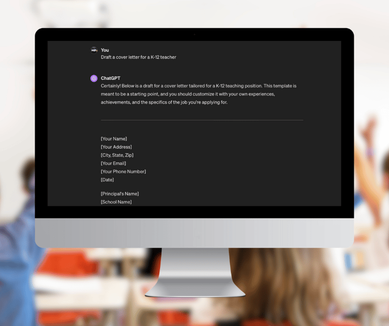 Computer screen showing ChatGPT-generated cover letter for a K-12 teaching role, example of AI-powered application materials.