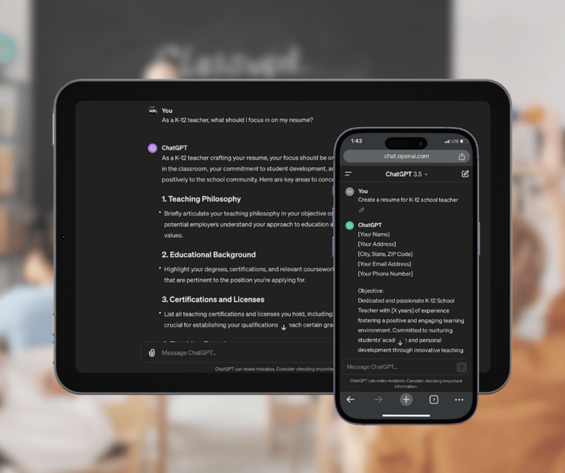 Mobile and tablet screens displaying ChatGPT outputs for teacher resume writing, highlighting AI tools for job applications.